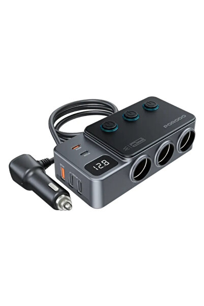 porodo 120W Car Charger Hub - Triple Lighter Sockets, 3 USB-A & 2 USB-C, Volt...