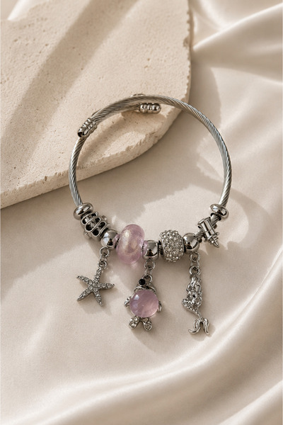 PABALAS Women's Silver Color Steel Charm Bracelet Adjustable Bracelet with St...