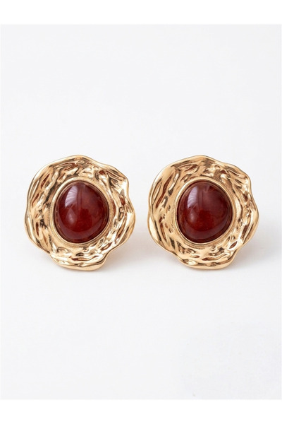 Pelin Aksesuar Gold Color Vintage Textured Burgundy Stone Round Earrings