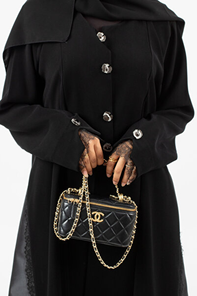 HYX Women's Black Abaya with Textured Striped Panel Detail on Bodice & Sleeve...