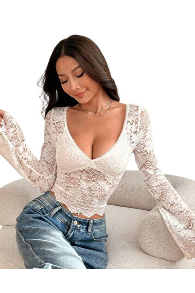 OEM Bluza dama, alba, din dantela, cu decolteu adanc, S