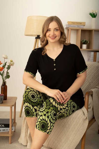 Miss Meryem Siyah Viskon Kısa Kol Büyük Beden Kapri Pijama Takım