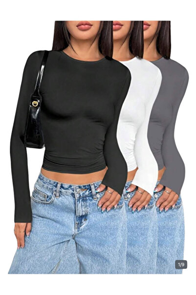 OEM Bluză dama, manecă lungă, casual, set 3 buc, uni, mărimea M