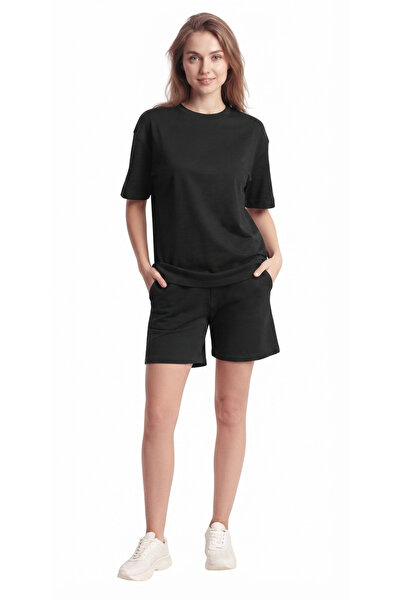 SAAT TEKSTİL Women's Black Short Sleeve T-Shirt Shorts Set Casual Fit Summer ...