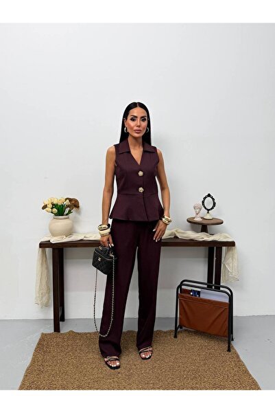 Bella Breeze Women's Linen Button Detailed Vest Trousers Jewelry Stylish Two-...