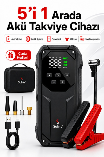 solvis 5’li Güç: Şarjlı Akü Takviye Cihazı, Lastik Şişirme Kompresörü, Powerb...