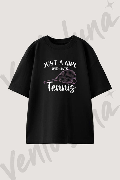 Vento Luna Tennis Tasarım Baskılı Unisex Oversize Kalıp Siyah Tshirt