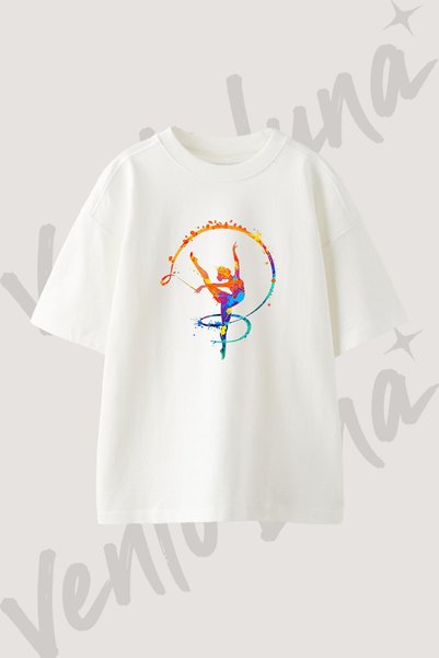Vento Luna Ritmik Jimnastik Tasarım Baskılı Unisex Oversize Kalıp Beyaz Tshirt