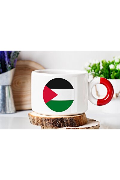 ART HEDİYE Palestine Two-Sided Printed Luxury Nes Cafe Cup with Red Handle
