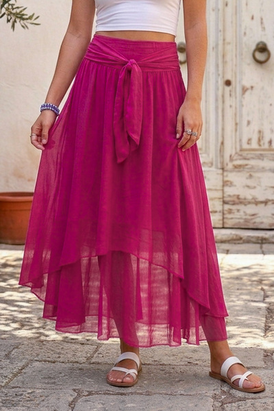 Chiccy Ιταλική φούξια φούστα με φόδρα και ζώνη, casual μεταξωτή μακριά υφαντή...