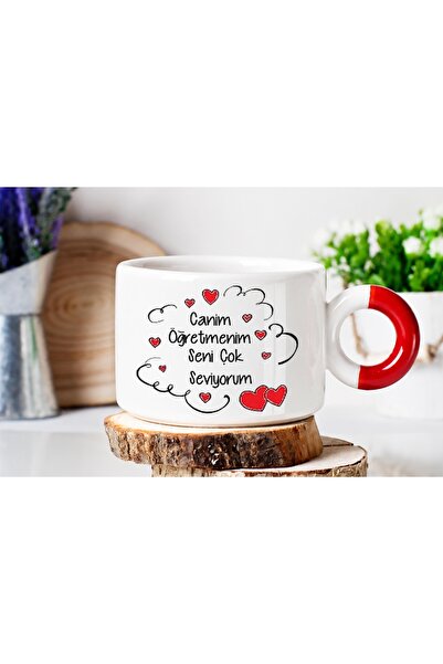 ART HEDİYE My Dear Teacher, Lux Nes Cafe Cup with Red Handle and Printed on B...