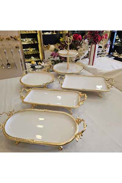 MaviDamla DÖKÜM KENAR ÇERCEVELİ AYAKLI PORSELEN SUNUM SETİ GOLD 5 PARCA