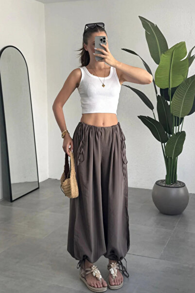 Nika Fashion Kadın Beli Büzgülü Paçası Bağlama Detaylı Dökümlü Modal Tensel K...