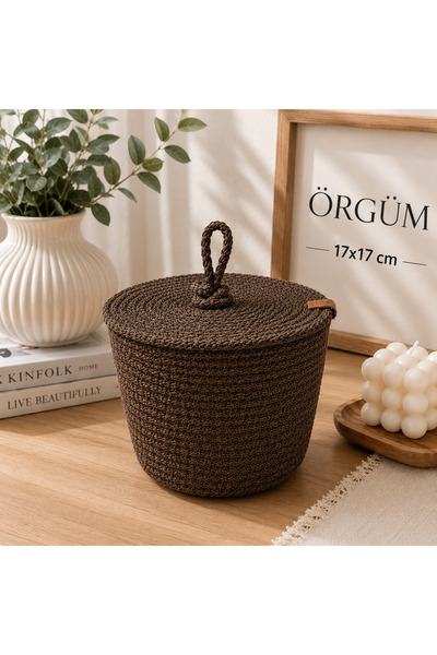 ÖRGÜM Sepet 17x17 Cm Hasır Görünümlü El İşi Kapaklı Organizer