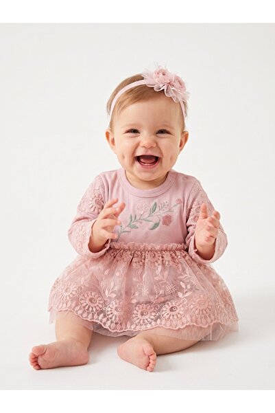 Kids Kingdom Cotton Floral Embroidered Bandana Mevlütlük 2-Piece Baby Girl Dress