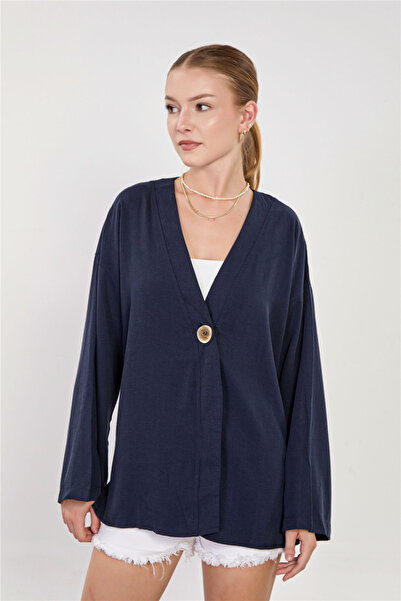 BARRELS AND OIL Women's Single Button Long Sleeve Jacket - Navy Blue