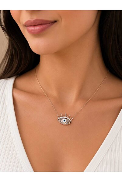 Frost Jewellry 925 ayar rose kaplı göz şeklinde zirkon taşlı ve mavi taşlı na...
