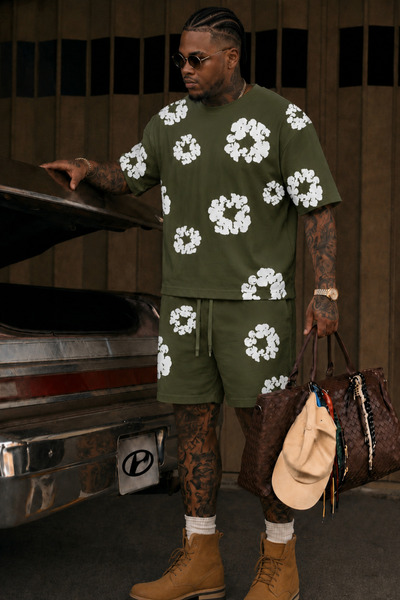 COOL TARZ Men's Patterned Shorts Set Crew Neck Oversize T-Shirt Shorts Combin...