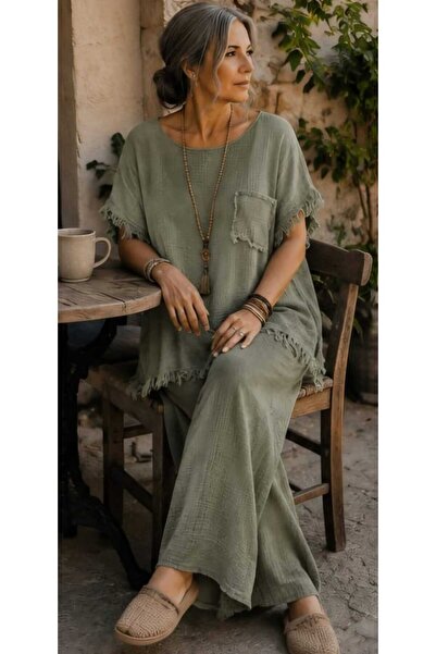 Budan Export Women's Linen Tassel Detailed Crew Neck Casual Oversize Summer B...
