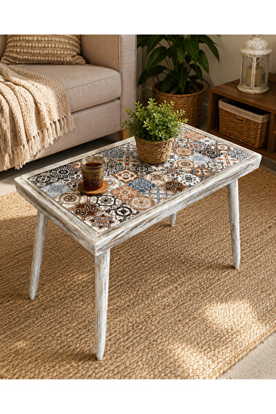 maison linden Seramik Yüzey Ahşap Sehpa 35x65 cm Beyaz Eskitme Vintage Rustik...