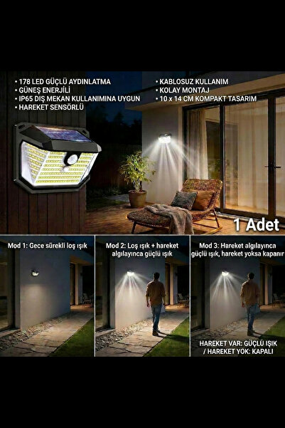 ALFAGİFT 1 Adet Güneş Enerjili Hareket Sensörlü 178 LED IP65 Dış Mekân Duvar ...