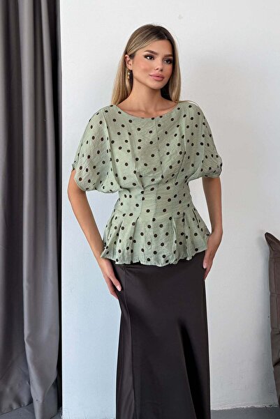JEE LEE Women's Crew Neck Pleated Polka Dot Blouse Green - 26Y 1090