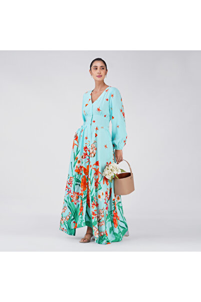 LINELLE Aqua Blue Orange Floral Buttoned Maxi Dress