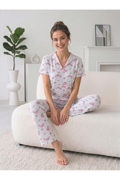 STELLAPİNK Pink Rose Patterned Bow Detailed Summer Ribbed Knitted Cotton Paja...