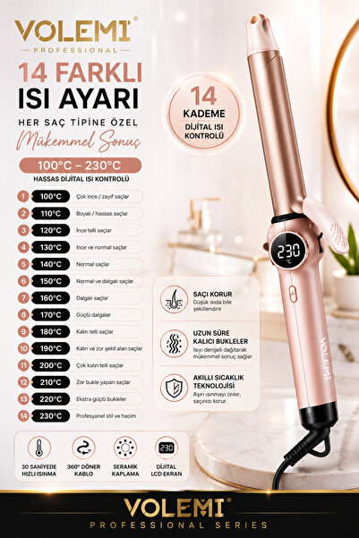 VOLEMİ Profesyonel Dijital Saç Maşası 14 Kademeli Isı Ayarlı Seramik Kaplama LCD Ekran 100°C-230°C V-075