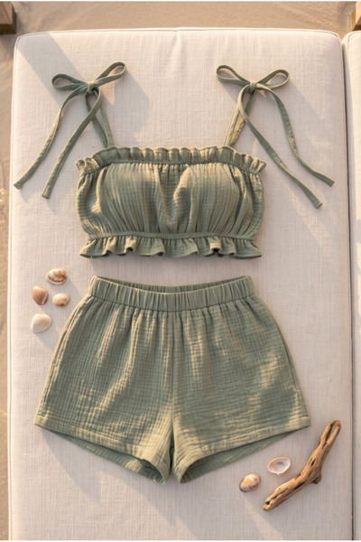 Combattente Organic Cotton Muslin Strappy Crop Shorts Set - Natural Natural-O...