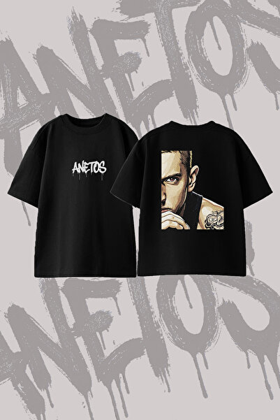 Anetos تي شيرت Eminem_8 ذو تصميم مطبوع وياقة دائرية كبيرة الحجم باللون الأسود