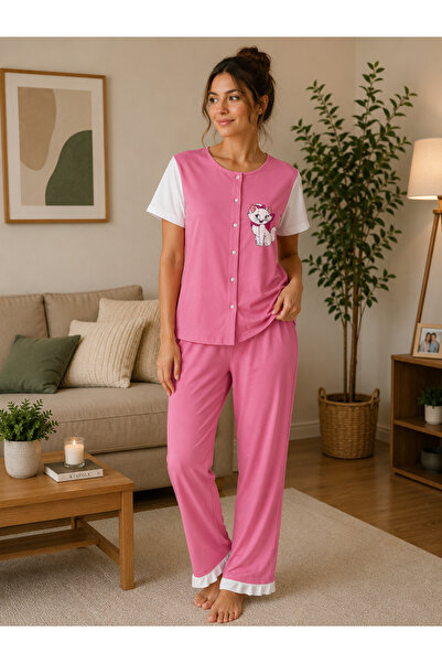 BALİS PİJAMA Women's Ruffle Detailed Printed Buttoned Short Sleeve Pajama Set...