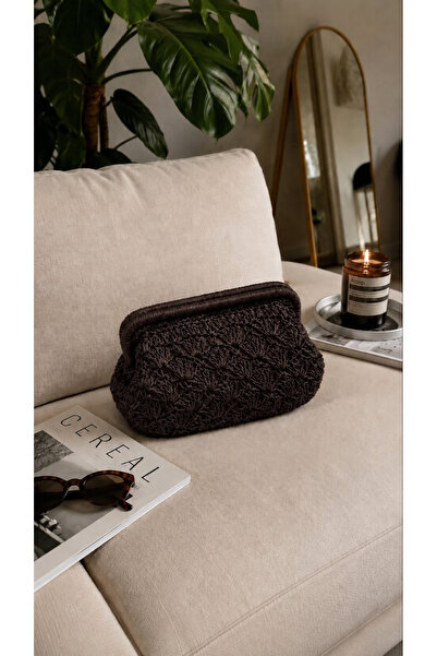 Mirel çanta KADIN HASIR CLUTCH EL ÇANTASI ACI KAHVE