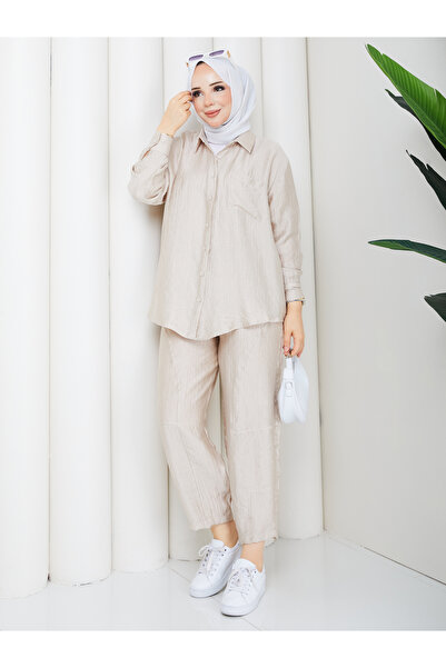 ELAY Fashion Women's Stone Color Textured Tunic Trouser Set