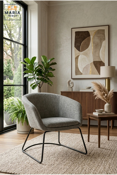 MARIA HOMES Modern Grey Upholstered Accent Armchair – Contemporary Fabric Lou...