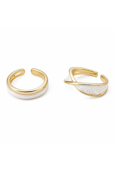 Nevara Women's 2Pcs Stainless Steel Ring Set in Gold Color with White Detaili...