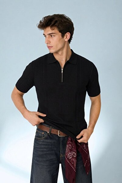 Maccali Men's Zippered Casual Polo Collar Knitwear Black T-Shirt