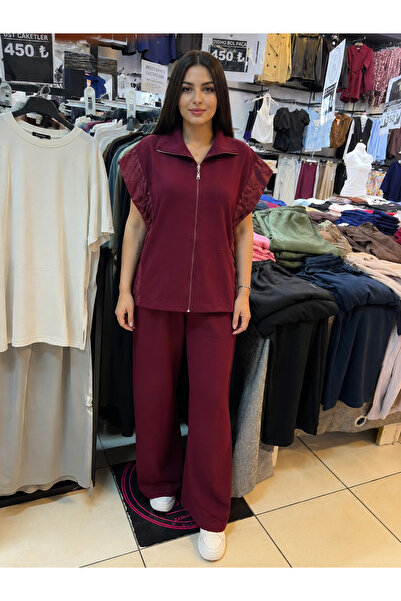 Butik Kadın Bordo Fermuarlı Yelekli Bol Paça Eşofman Takımı