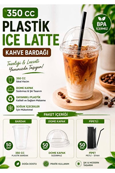 Spot 350 CC Plastik Ice Latte Kahve Bardağı Seti | 50 Bardak + 50 Dome Kapak ...