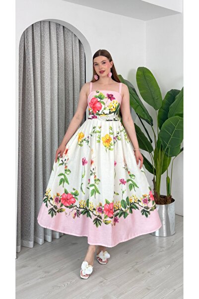 S&A Collectionn Women's Thick Strap Belted Floral Maxi Long Linen Dress
