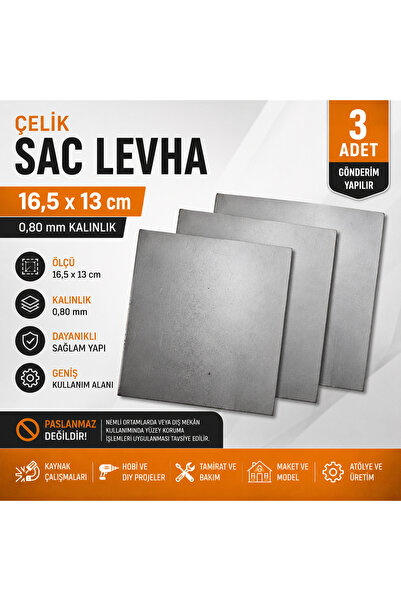 Home 3 Adet Çelik Sac Levha 16,5x13 cm 0,80 mm Metal Plaka Düz Sac Parça Hobi...