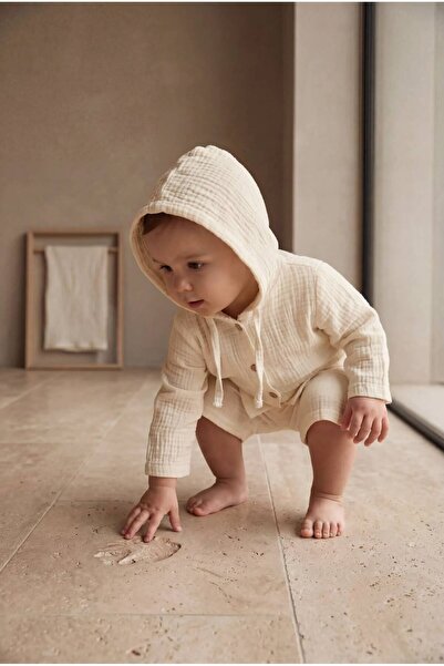 EGE OTANTİK BULDAN Unisex Müslin Bebek Takımı Kapüşonlu Düğmeli Şortlu Takım