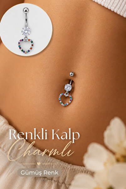 moonzy - minimalist & cozy Renkli Kalp Charm Göbek Piercingi Çelik Zirkon Taş...
