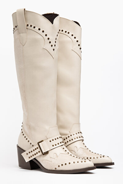 DENORA Beige Cream Skin Matte Leather Trok Staple Detail Western Cowboy Boots
