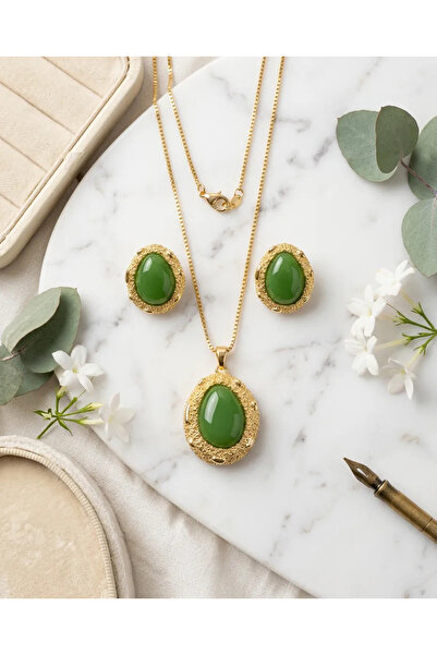 Edonna Yeşil Gold Küpe ve Kolye (Set)