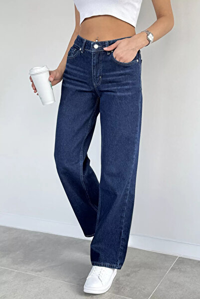 Aryena Navy Blue Women's Loose Fit High Waist Jean Denim Trousers
