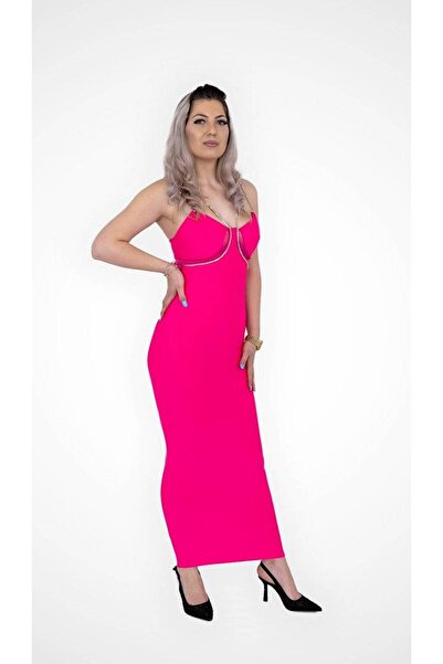 FashionApp Rochie de damă, lungă, mulată, din neopren, cu bretele, roz