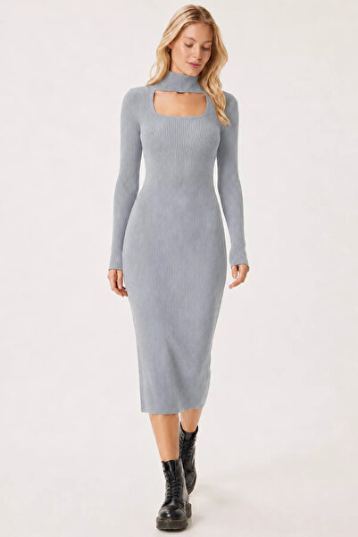 Aryena Gray Gülseli Women's Lycra Knitwear Dress with Front Window