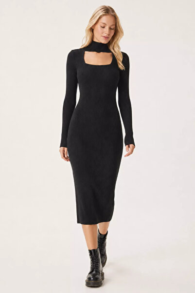 Aryena Black Gülseli Women's Lycra Knitwear Dress with Front Window