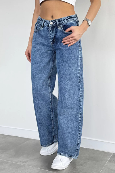 Aryena Blue Women's Bow Embroidered Palazzo Jean Denim Trousers